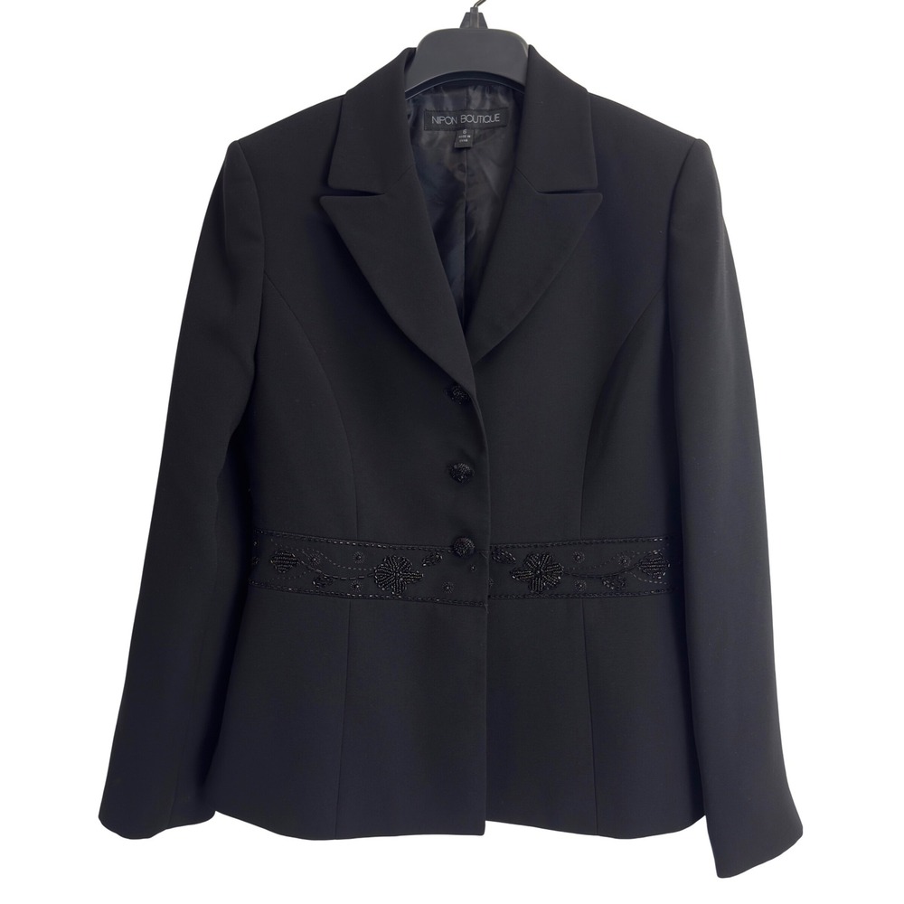 Nipon Boutique Black Beaded Floral Waistband Blazer Jacket Size 6 Elegant